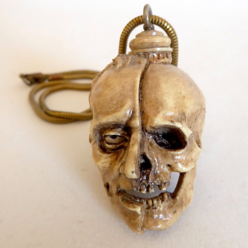 NEW GOTHIC HALLOWEEN 3D SPLIT ZOMBIE & SKULL HEAD NECKLACE SNAKE CHAIN ODDITY